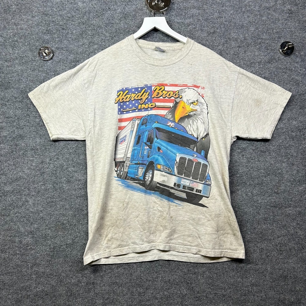 Vintage Hanes Beefy-T T-Shirt Men's Gray Hardy Bros Truck Eagle Graphic Tee - L